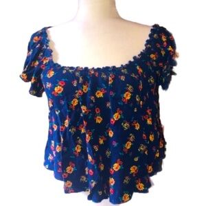 Blue Floral Ruffle Off Shoulder Crop Top Size M